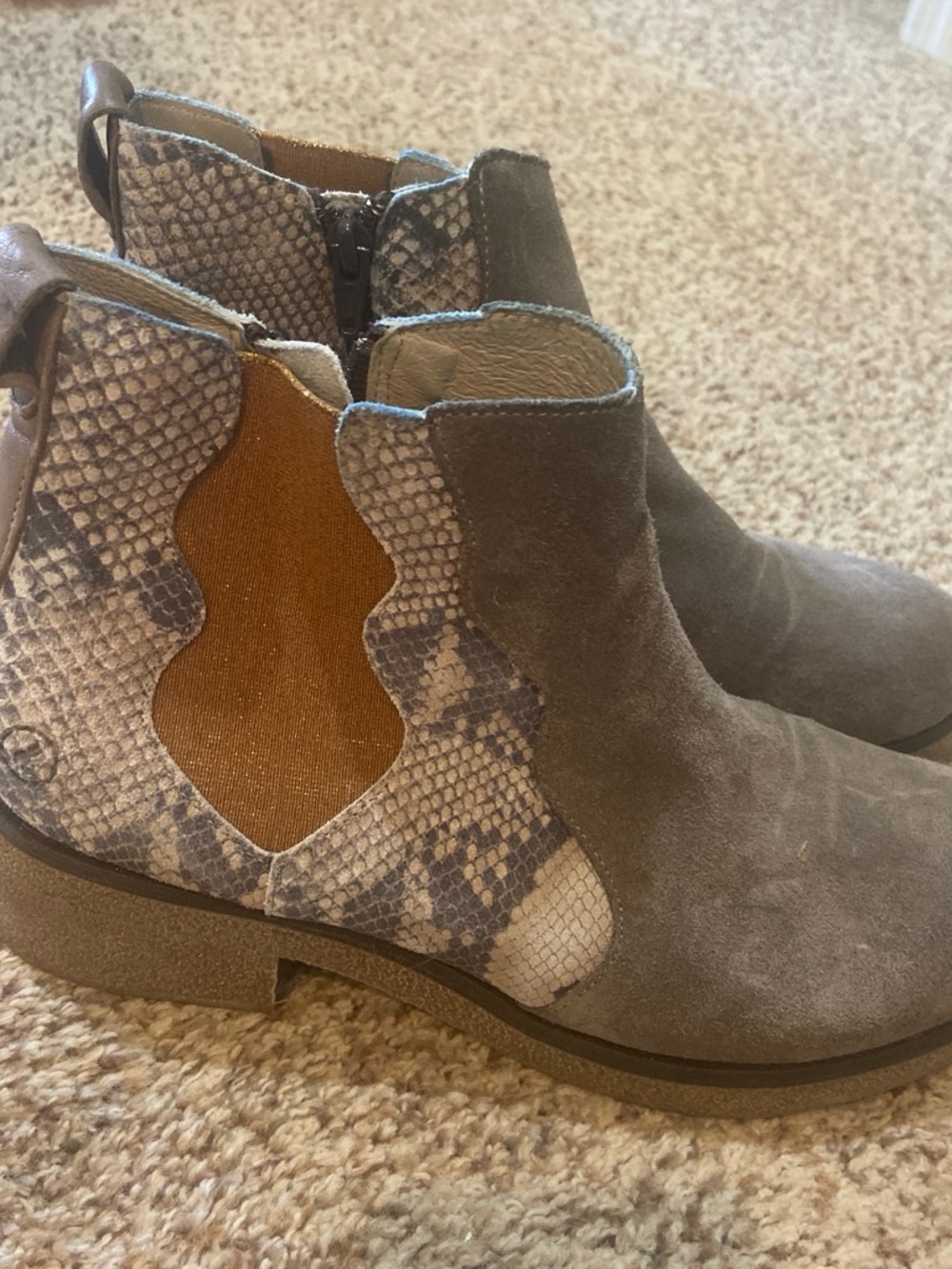Gray Suede Ankle Booties with Snake-Print Cutout